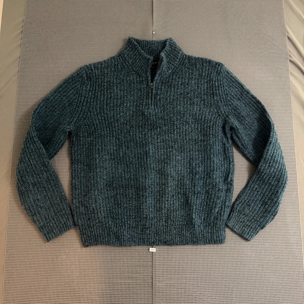 Banana Republic Mens Large Teal Marled Ribbed Knit Quarter Zip Sweater Pullover